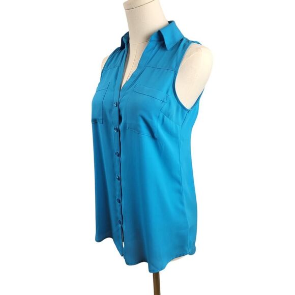 Express X-Small Sleeveless Teal Blouse Collared Button Shirttail Front Pockets - Picture 5 of 10